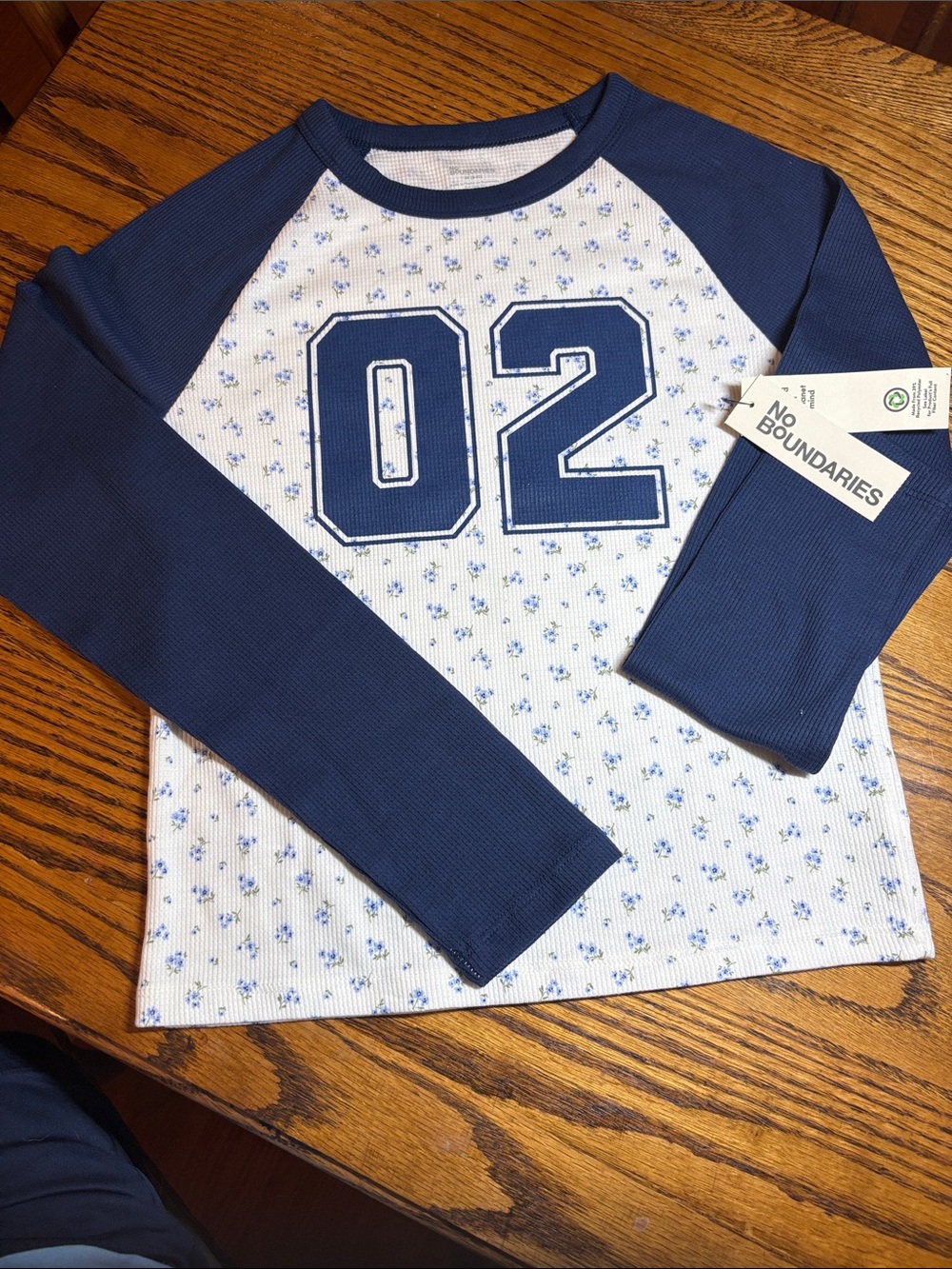 No Boundaries Navy & White Raglan Tee with '02' Graphic